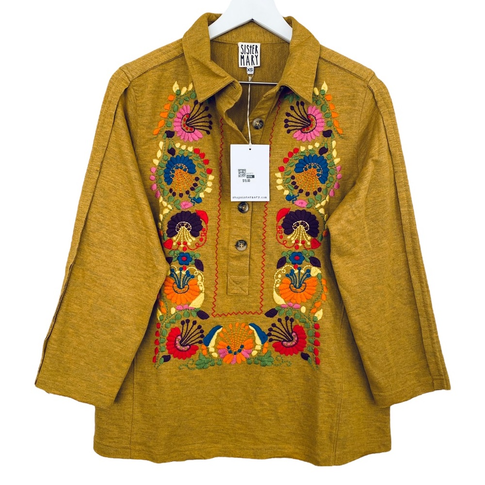 Ivy Jane NWT Sister Mary Isabel Boho Floral Embroidered Partial Button Down Top - Picture 2 of 9